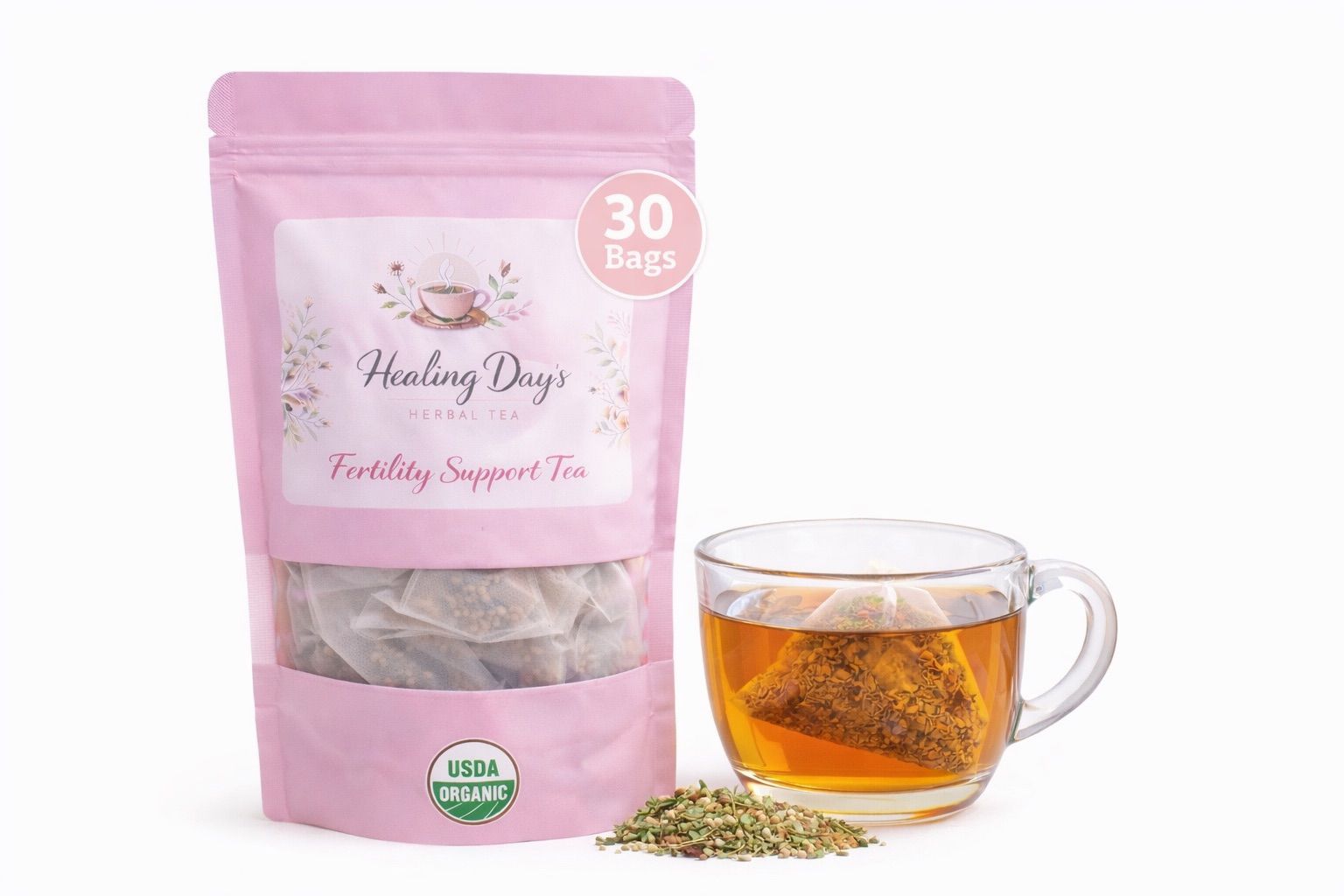 Healing Day's Fertility Support organic herbal tea pouch with a cup of tea