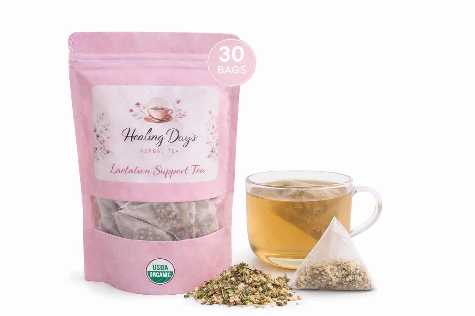 Healing Day's Lactation Support organic herbal tea with loose herbs