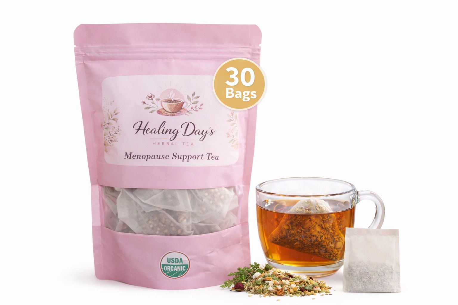 Healing Day's Menopause Support organic herbal tea pouch