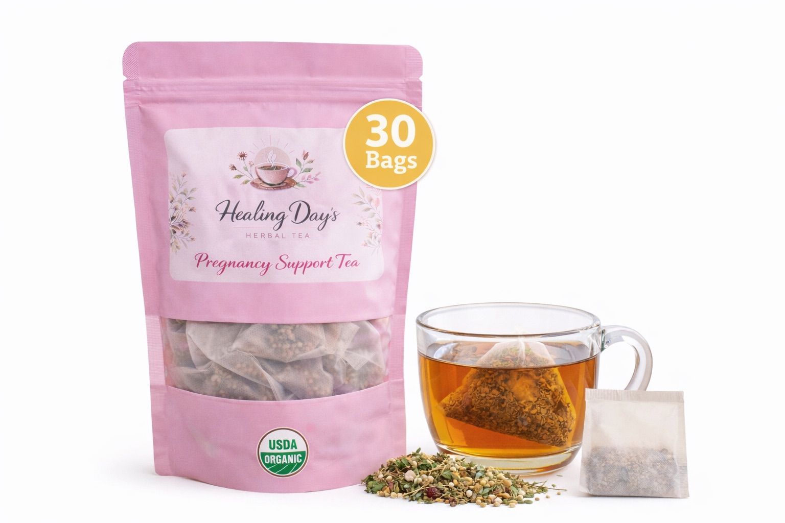 Pregnancy Support Tea – organic herbal tea pouch with tea cup